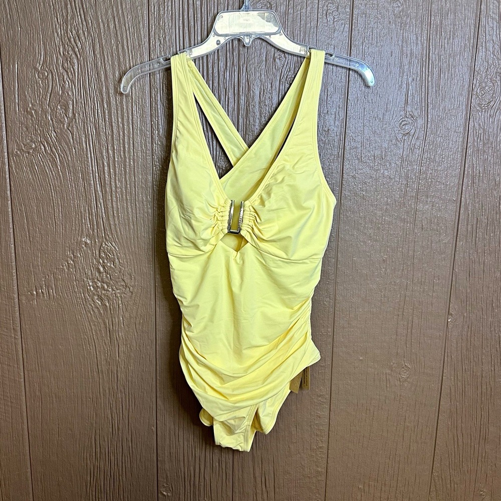 NWT SHAPELLX Yellow Ruched V-Neck Cutout One Piece Swimsuit Sz L Slimming Beach